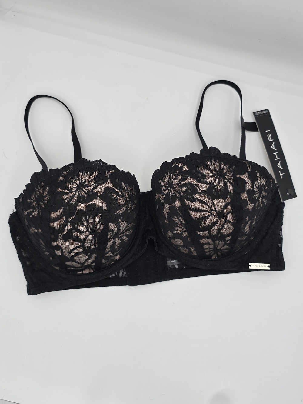 Tahari NWT Black Floral Lace Strapless Convertible Underwire Bra 34C